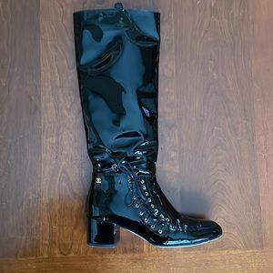 CHANEL Black Patent Leather Boots, Side Lace Size 39.5